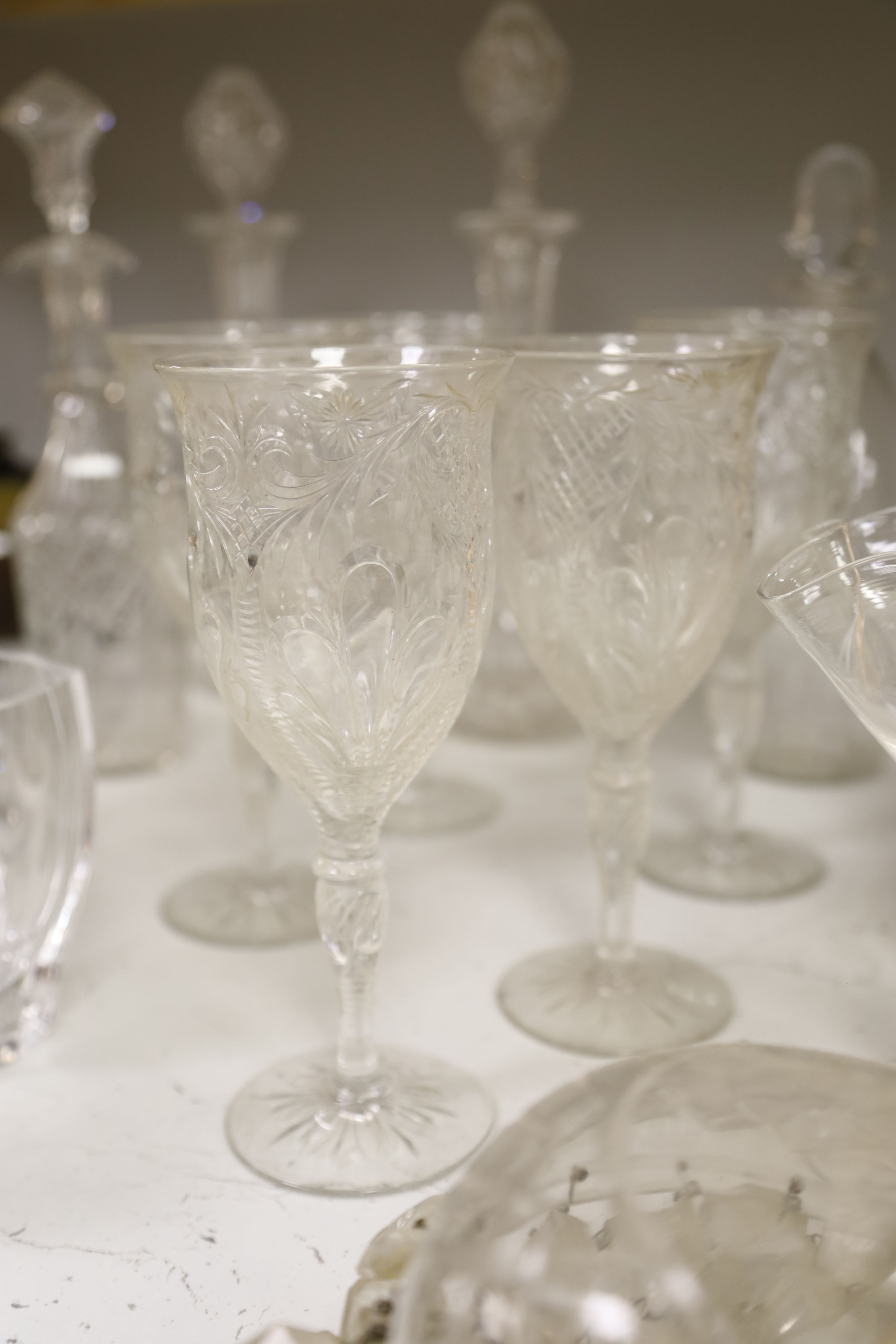 A quantity of 19th/20th century clear cut glass including five rock crystal glasses, tallest 35cm